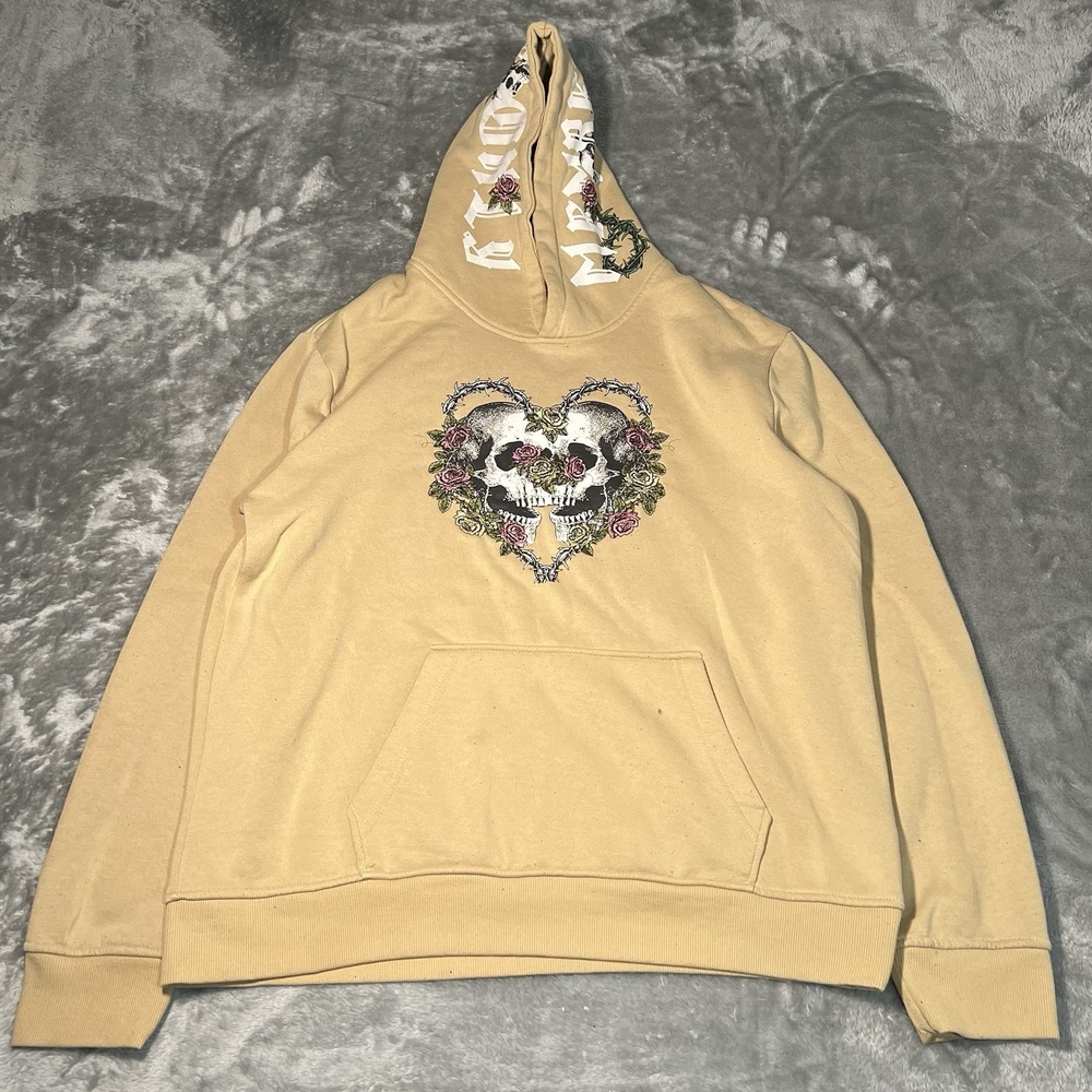 Members Only Hoodie Men Size Biege Skull Roses Graphic Pullover Sweatshirt